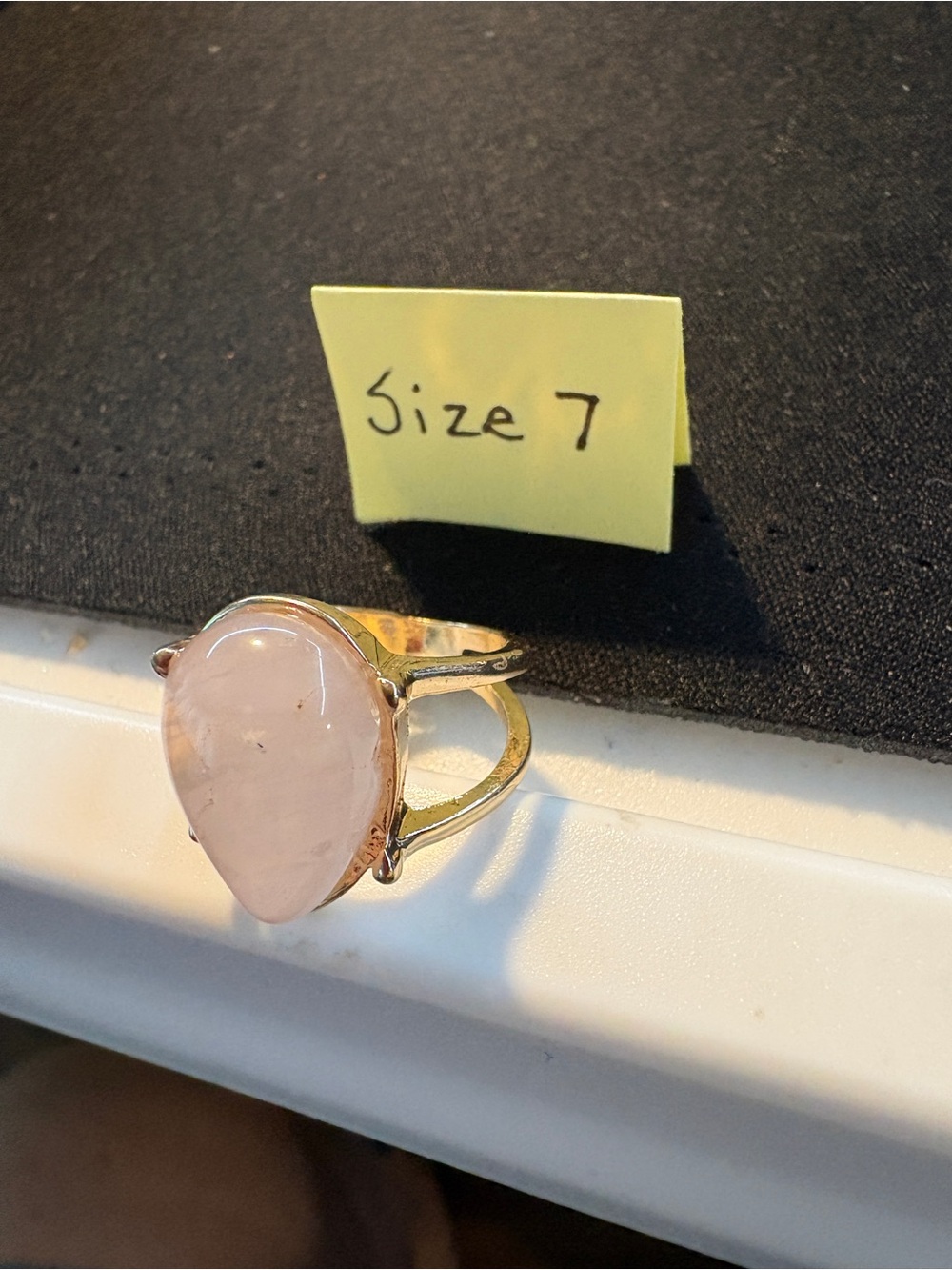 Gold-Tone Rose Quartz Teardrop Ring - Size 7 - Picture 2 of 3